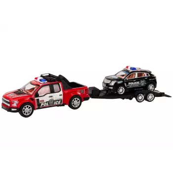 LEAN TOYS Policijas pikaps ar evakuatora puspiekabi un bezceļu auto - Policijas komplekts