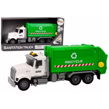 LEAN TOYS Garbage Truck ar atkritumu tvertnēm, gaismām, skaņām, berzes piedziņu, balts un zaļš