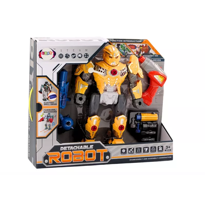 LEAN TOYS Skrūvējamais robots ar urbi un skrūvgriezi, gaismas un skaņas efekti, dzeltens