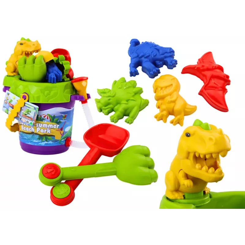 LEAN TOYS Smilšu spaiņu komplekts ar dušas lejkannu un dinozauru veidnēm