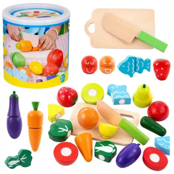 LEAN TOYS Dārzeņu un augļu griešanas komplekts spainī ar griešanas dēlīti un nazi koka