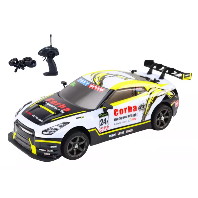 LEAN TOYS RC Sports Car 1:16 Drift Interchangeable Wheels White and Yellow