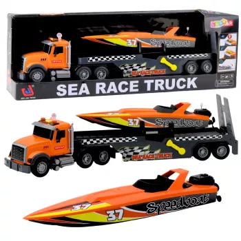 LEAN TOYS Truck with Wind-Up Motorboat Lights and Sounds Orange Set
