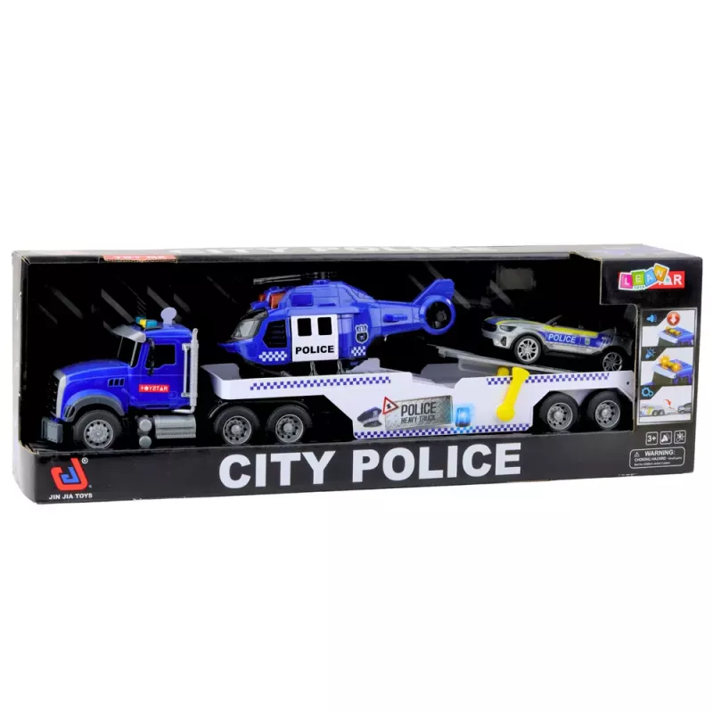 LEAN TOYS Policijas kravas auto, helikopters un auto – komplekts ar gaismām un skaņām