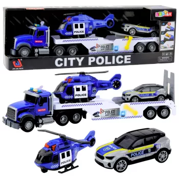 LEAN TOYS Policijas kravas auto, helikopters un auto – komplekts ar gaismām un skaņām