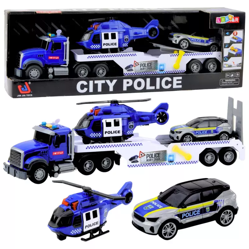 LEAN TOYS Policijas kravas auto, helikopters un auto – komplekts ar gaismām un skaņām