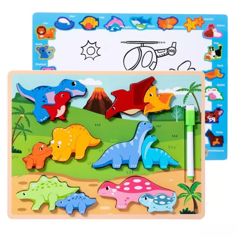 LEAN TOYS Puzzle Board 2in1 Wooden Educational Marker Dinosaurs 12pcs
