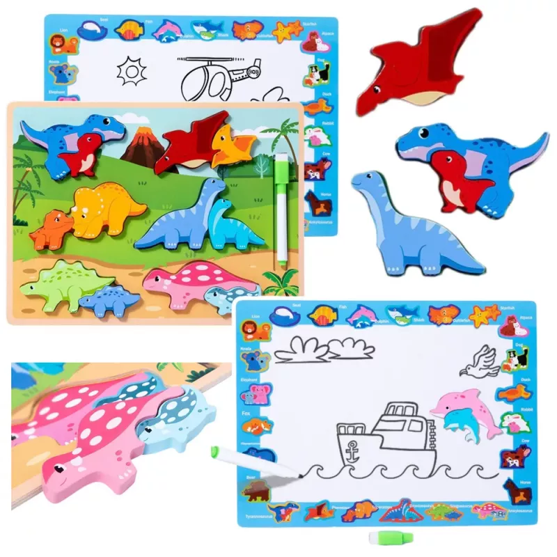 LEAN TOYS Puzzle Board 2in1 Wooden Educational Marker Dinosaurs 12pcs