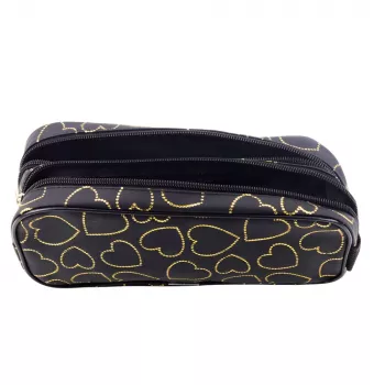 LEAN School Office Pencil Case, Two-Compartment, Golden Hearts, Black, 23.5x10 cm
