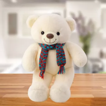 LEAN TOYS Plush Mascot Cuddly Toy Teddy Bear Colorful Wool Scarf White 55cm