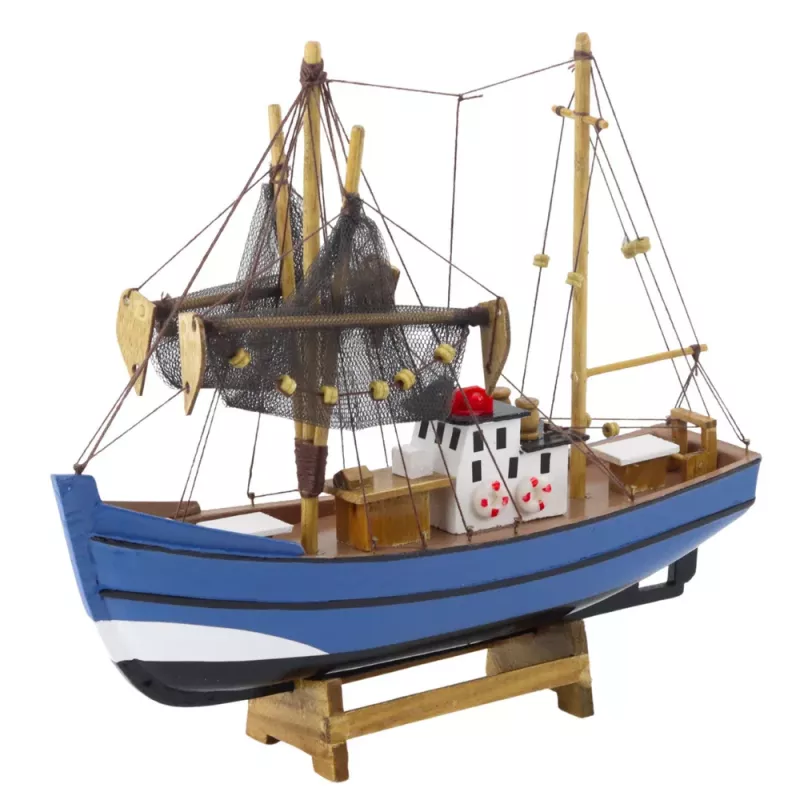 LEAN TOYS Collectible Decorative Model Fishing Boat Ship Blue 30x26cm