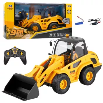 Huina 1:24 RC Backhoe Loader Bulldozer - 9 Channel 2.4GHz Remote Control Construction Vehicle with LED Lights & Sounds