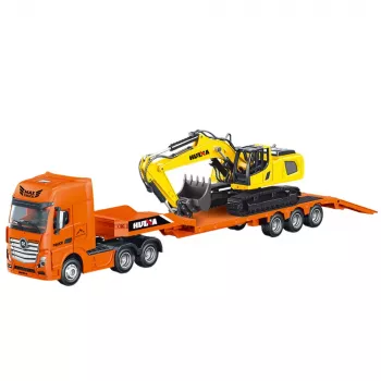 Huina 1:50 Die-Cast Metal Tow Truck with Trailer and Excavator - Orange