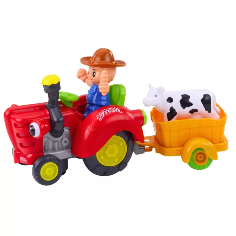 LEAN TOYS Interactive Farmer's Tractor with Trailer, Cow Figure, Lights and Sounds