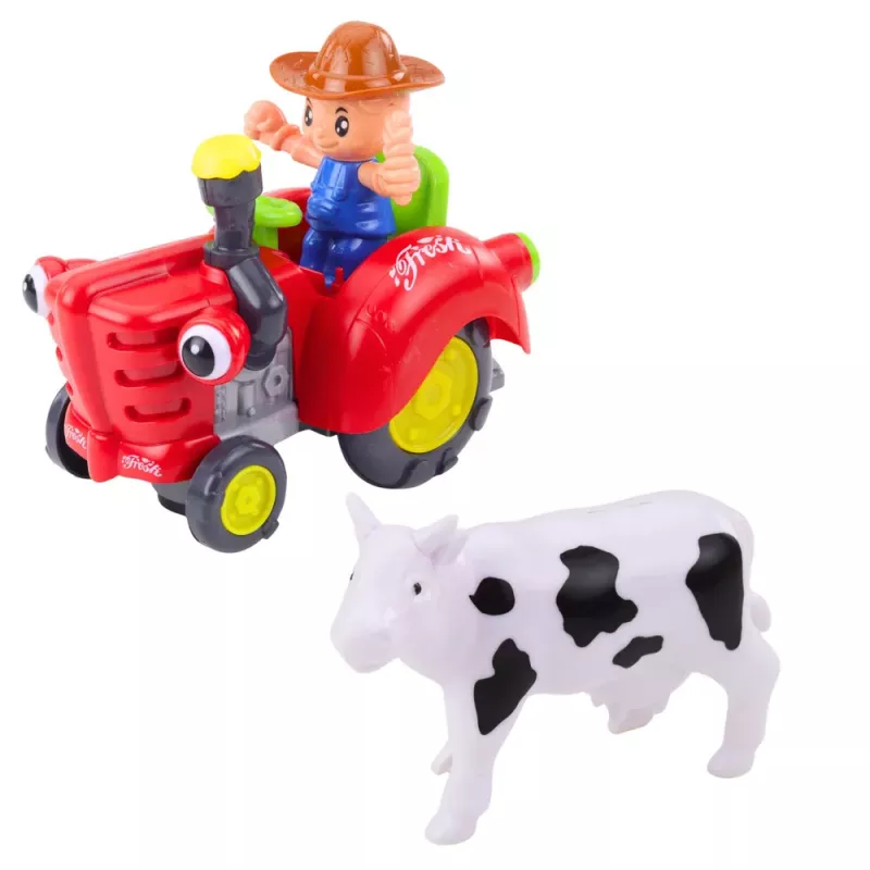 LEAN TOYS Interactive Farmer's Tractor with Trailer, Cow Figure, Lights and Sounds