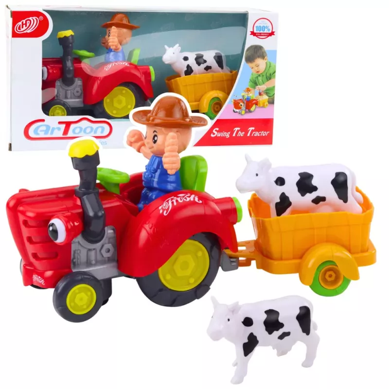 LEAN TOYS Interactive Farmer's Tractor with Trailer, Cow Figure, Lights and Sounds