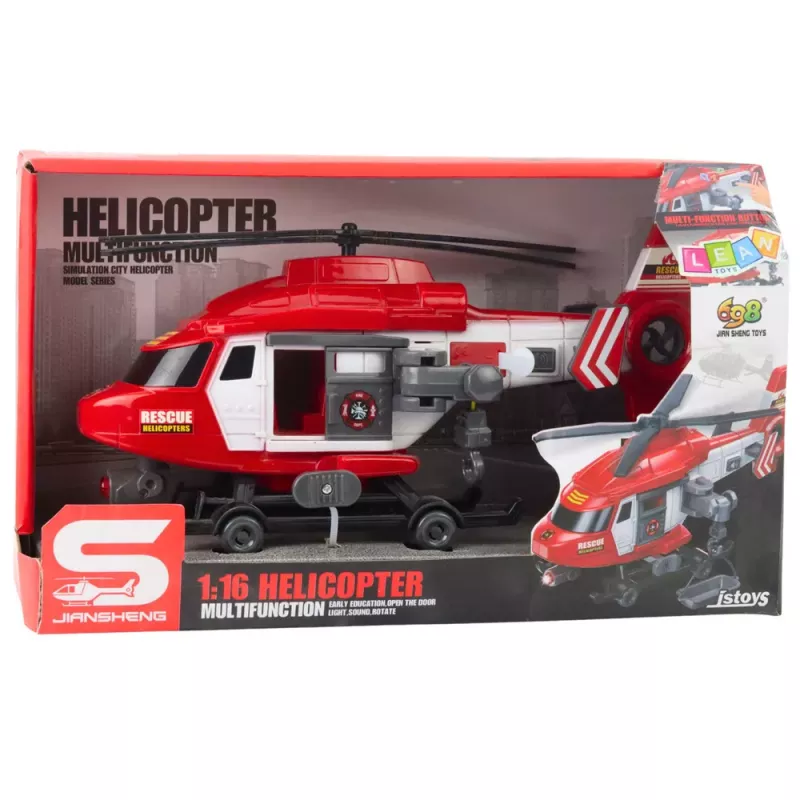 LEAN TOYS Rescue Helicopter ar āķi, nestuvēm, gaismām un skaņām, sarkans, 1:16 mērogs
