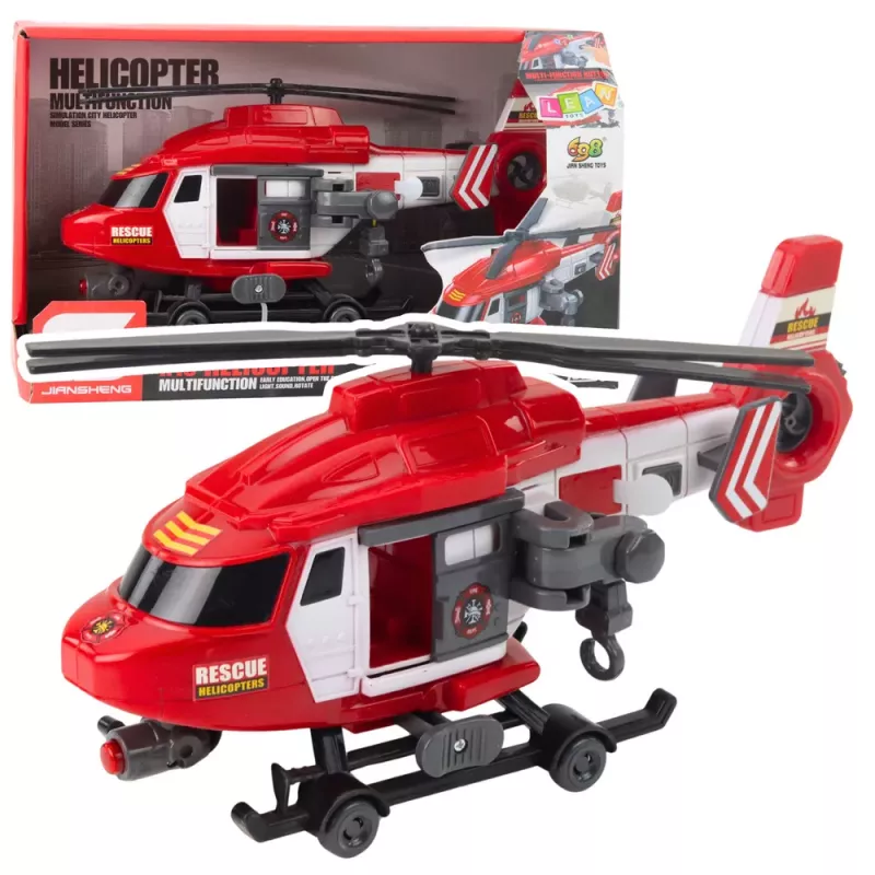 LEAN TOYS Rescue Helicopter ar āķi, nestuvēm, gaismām un skaņām, sarkans, 1:16 mērogs