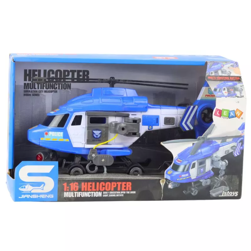 LEAN TOYS Policijas helikopters ar āķi un nestuvēm, gaismas un skaņas, zils, 1:16