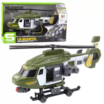LEAN TOYS Militārais helikopters ar āķi un nestuvēm, gaismas un skaņas, haki, 1:16 mērogs