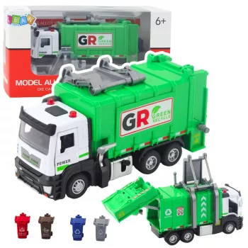 LEAN TOYS Garbage Truck ar motoru, 4 atkritumu konteineriem, gaismām un skaņām, zaļš