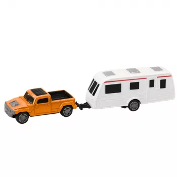 LEAN TOYS Metāla auto komplekts ar kempinga piekabi Orange