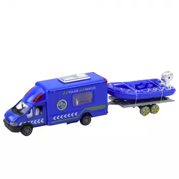 LEAN TOYS Policijas glābšanas komplekts automašīna laiva kravas auto helikopters zils