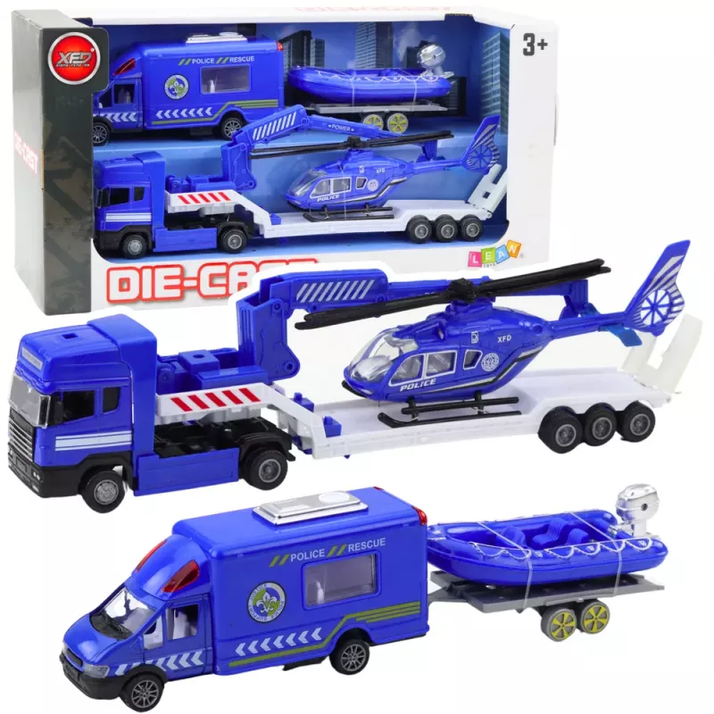 LEAN TOYS Policijas glābšanas komplekts automašīna laiva kravas auto helikopters zils
