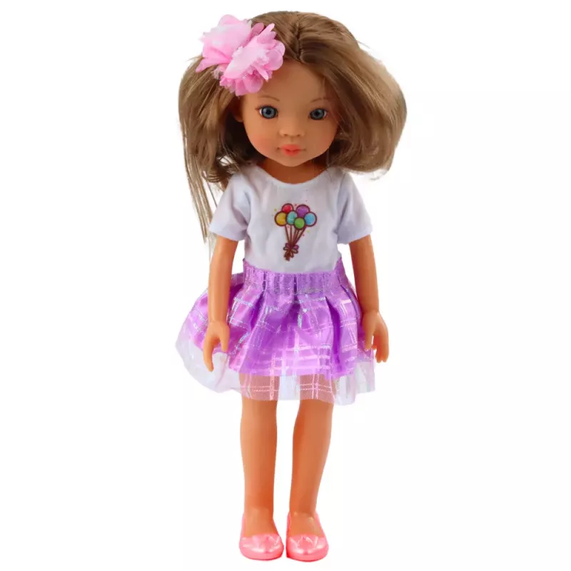 LEAN TOYS Doll In Purple Dress Long Brown Hair Flower Clip