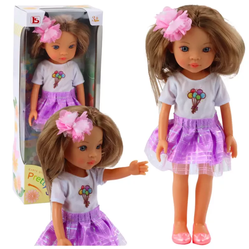 LEAN TOYS Doll In Purple Dress Long Brown Hair Flower Clip
