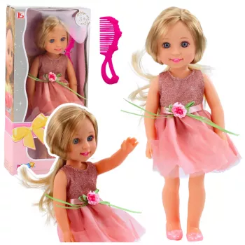 LEAN TOYS Doll in a Dress with a Bow, Long Hair, Pink, Comb, 38cm