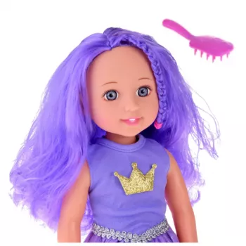 LEAN TOYS Leļļu kleita ar kroni, garu violetu matu un suku 38 cm