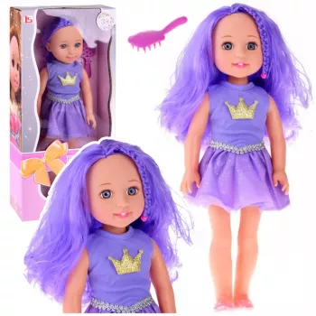 LEAN TOYS Leļļu kleita ar kroni, garu violetu matu un suku 38 cm