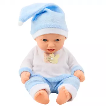 LEAN TOYS Baby Doll in Blue Pajamas Hat with Pompom 30 cm