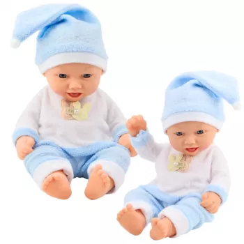 LEAN TOYS Baby Doll in Blue Pajamas Hat with Pompom 30 cm