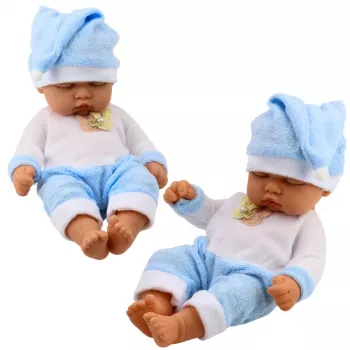 LEAN TOYS Guļošā Bēbīšu Leļļa Zilā Pidžamā ar Cepurīti un Pomponu