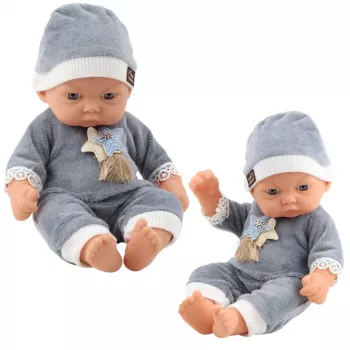 LEAN TOYS Baby Doll in Gray Pajamas with Stars Hat
