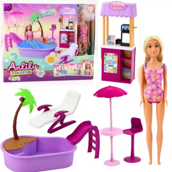LEAN TOYS Anlily Leļļu komplekts Pludmalē ar Baseinu, Palmu, Dzērienu Stendu un Aksesuāriem