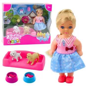 LEAN TOYS Mini Doll Set ar diviem suņiem, gultu un barības bļodu