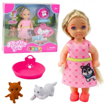 LEAN TOYS Mini Doll Set ar Sunīša un Kaķēna Gultu un Barošanas Bļodu