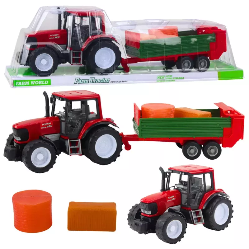 LEAN TOYS Agricultural Farm Tractor with Green Trailer and Hay Red 62cm