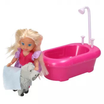 LEAN TOYS Mini Doll Set with Bathtub and White Dog Pink