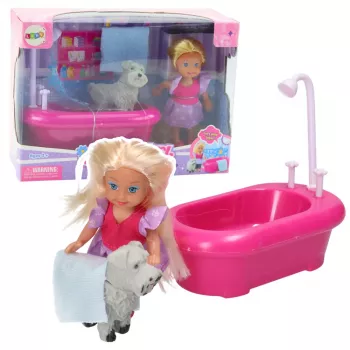 LEAN TOYS Mini Doll Set with Bathtub and White Dog Pink