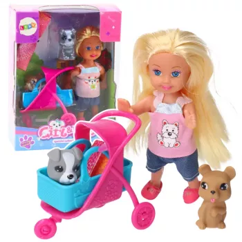LEAN TOYS Mini Doll Stroller Carrier Dogs Set Gray Brown