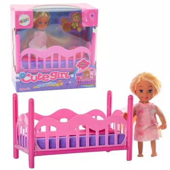 LEAN TOYS Mini Doll in Pajamas Set Pink Bed