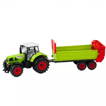 LEAN TOYS Traktors ar piekabi, berzes piedziņa, atverams motora pārsegs un durvis, zaļš