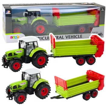 LEAN TOYS Traktors ar piekabi, berzes piedziņa, atverams motora pārsegs un durvis, zaļš