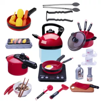 LEAN TOYS Kitchen Set Pots Food Battery Operated Hob Accessories 36 pcs