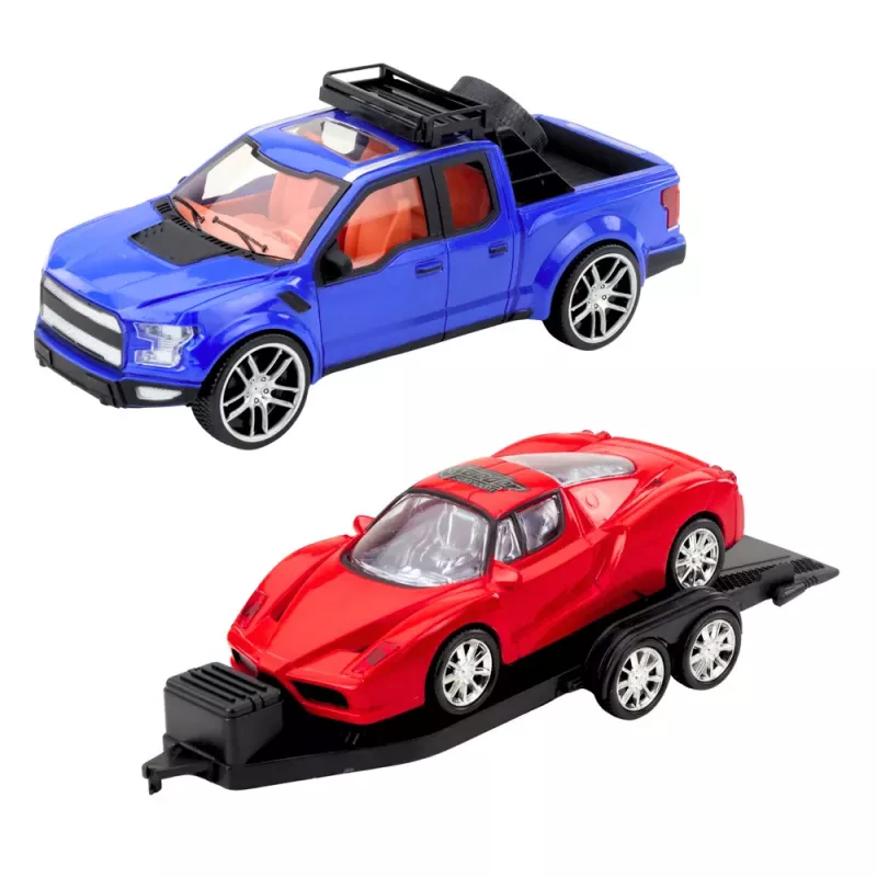 LEAN TOYS Bezceļu auto ar evakuatoru un sporta auto komplekts