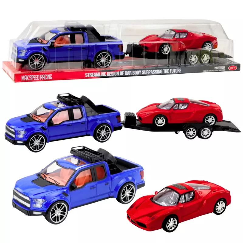 LEAN TOYS Bezceļu auto ar evakuatoru un sporta auto komplekts